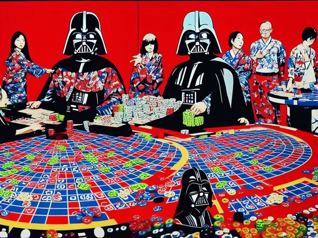 Image similar to hyper - realistic composition of a large room with an extremely detailed poker table in the center, woman in traditional japanese kimono standing nearby, darth vader sitting at the table, fireworks in the background, pop art style, jackie tsai style, andy warhol style, acrylic on canvas, dull palette