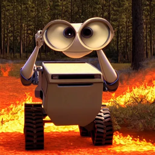 Prompt: Pixar animation of wall-e burning a forest