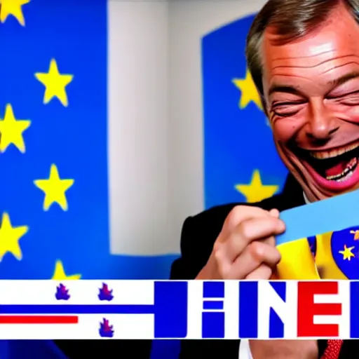 Image similar to nigel farage laughing holding burning eu flag, studio photograph, hd, studio