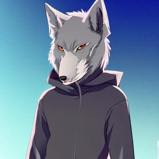 Image similar to key anime visual portrait of a handsome male anthro wolf furry fursona with beautiful eyes, wearing a hoodie, official modern animation