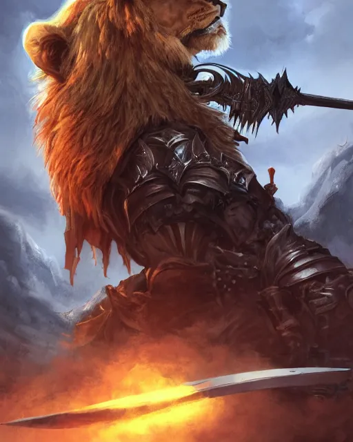 Image similar to Lion, Anthropomorphized, as warlord general on skull throne, holding sword, magic the gathering artwork, D&D, fantasy, cinematic lighting, centered, symmetrical, highly detailed, digital painting, artstation, concept art, smooth, sharp focus, illustration, volumetric lighting, epic Composition, 8k, art by Akihiko Yoshida and Greg Rutkowski and Craig Mullins, heroic pose, oil painting, cgsociety, Battlefield background, explosions, arrows