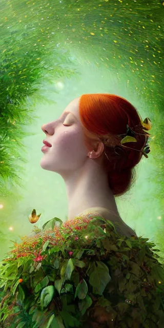 Image similar to empathic young woman, smiling amazed, golden fireflies lights, full covering intricate detailed dress, amidst nature, long red hair, precise linework, accurate green eyes, small nose with freckles, beautiful oval shape face, realistic, expressive emotions, dramatic lights, hyper realistic ultrafine art by artemisia gentileschi, jessica rossier, boris vallejo