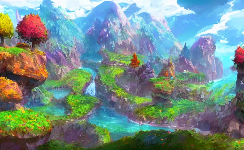 Prompt: concept art of a fantasy world filled with colorful landscape