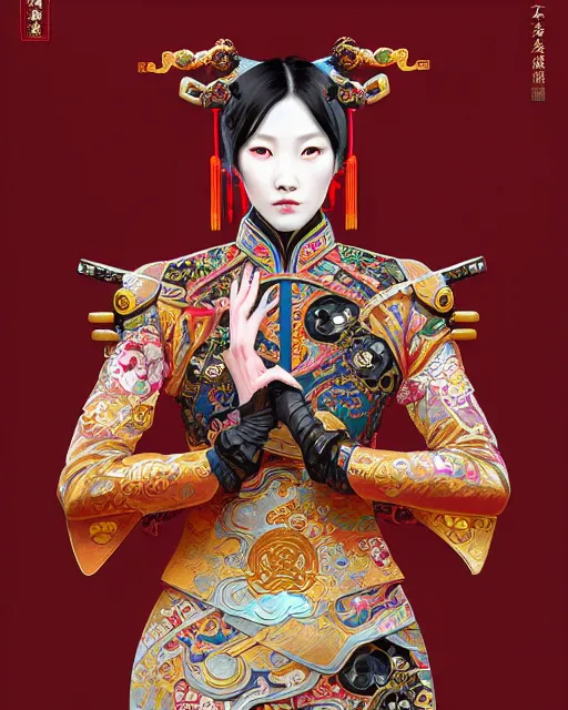 Image similar to portrait of a chinese cyberpunk machine, machine face, arms, upper half portrait, decorated with chinese opera motifs, regal, asian, fine china, wuxia, traditional chinese art intricate intense elegant 京 剧 highly detailed digital painting artstation concept art smooth sharp focus illustration, art by artgerm and greg rutkowski alphonse mucha 8 k