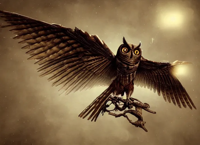 Image similar to a flying Warrior owl art nuveau, steampunk, symmetry, cinematic lighting , unreal engine,