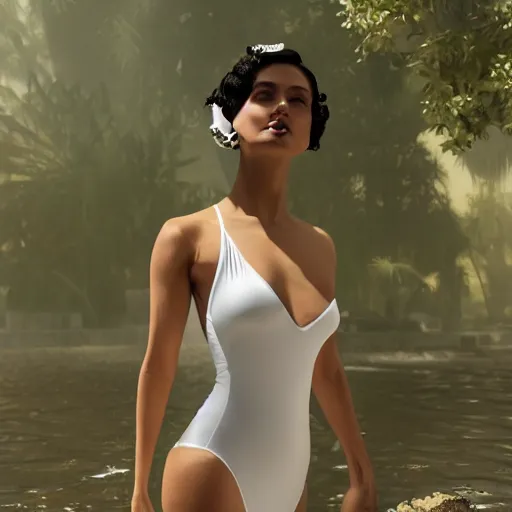 Image similar to a beautiful woman in an elegant see-thru white dress, wearing a black bikini underneath, 1920s, by Ilya Repin and WLOP, 8k octane render