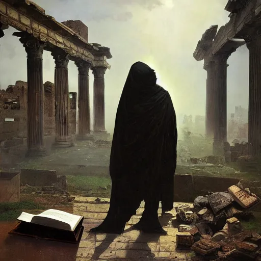 Image similar to half portait of magican wearing a closed cowl and big old book! chained to the wrist, jeremy mann, jean - leon gerome, tiepolo, alphonse mucha, greg rutkowski, face in the shadows, ( ( ruins of ancient rome ) ), at dusk, mysterious atmosphere, sunrays, dof, high detailed, 8 k