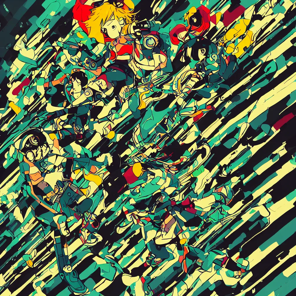 Image similar to in love ryuta ueda artwork, jet set radio artwork, stripes, gloom, space, cel - shaded art style, broken rainbow, data, minimal, speakers, code, cybernetic, dark, eerie, cyber