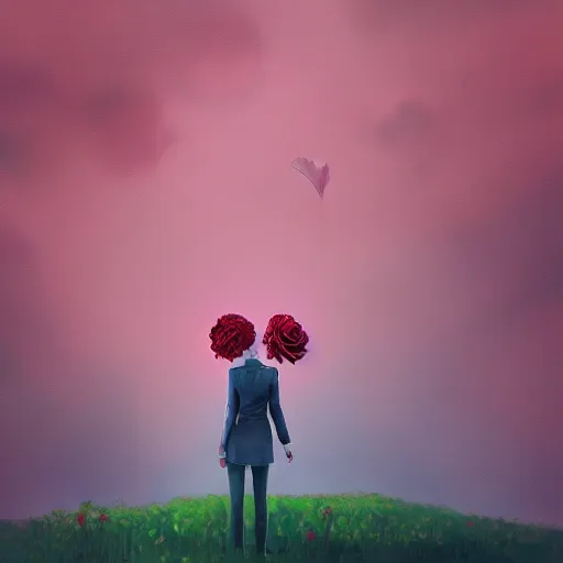 Image similar to closeup, giant rose flower head, frontal, girl in a suit, surreal photography, sunrise, blue sky, dramatic light, impressionist painting, digital painting, artstation, simon stalenhag