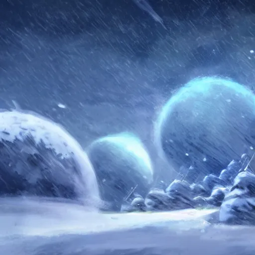 Prompt: concept art of a snow covered planet, snowstorm, ice, ice spikes, planet, space, concept art