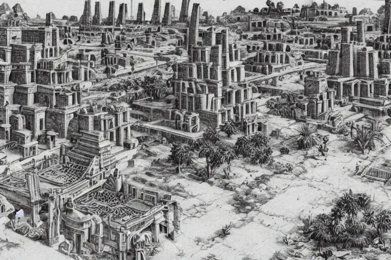 Prompt: ancient city of Babylon, hanging gardens of babylon. Robot mechas roaming the streers of ancient babylon. By morgan freeman, highly detailed