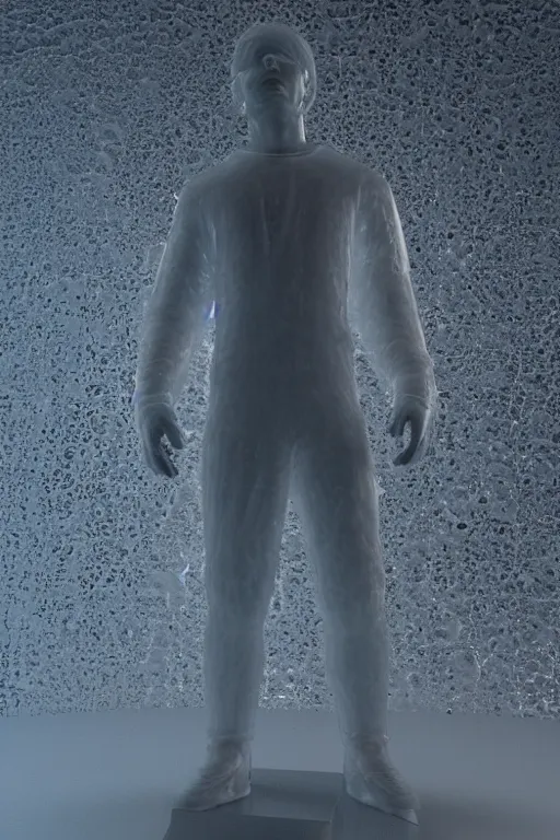 Image similar to transparent ice statue of man in tracksuit, by Michelangelo, ultra realistic render, 4k, volumetric lighting, highly detailed, studio lighting, octane render, glowing, ray tracing, cold mist, bokeh, wide shot