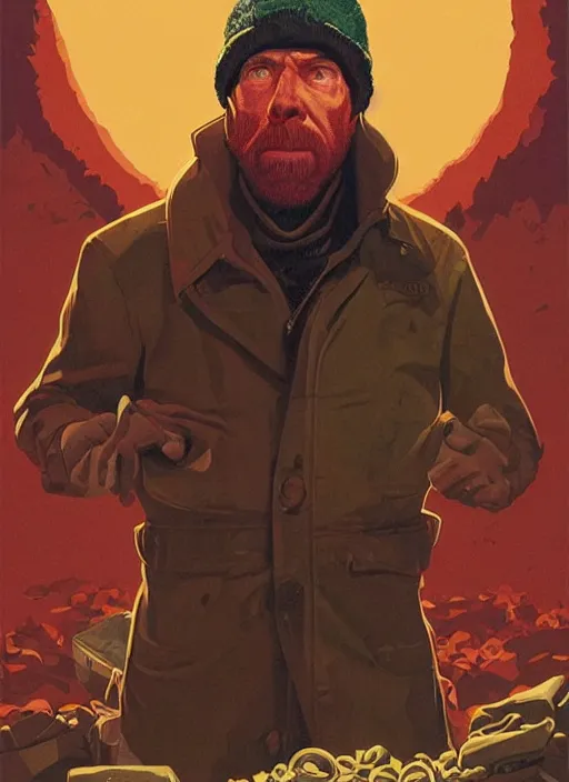 Prompt: poster artwork by Michael Whelan and Tomer Hanuka, Karol Bak of Chuck Norris is the local homeless man in the small town, from scene from Twin Peaks, clean