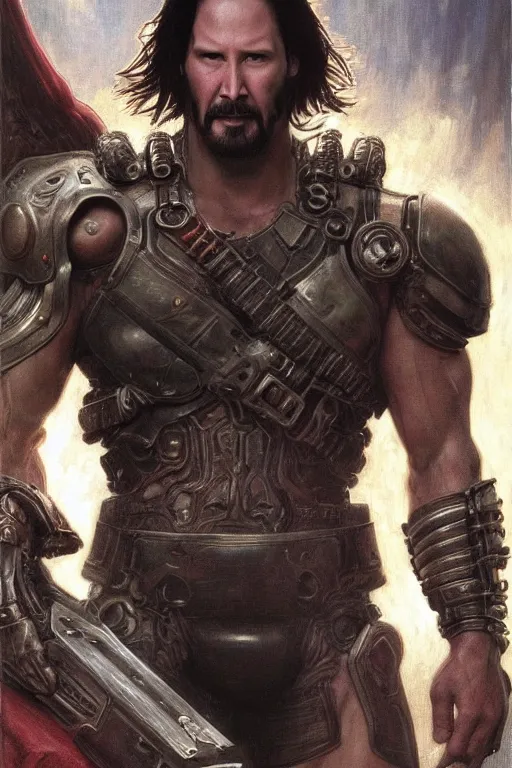 Prompt: ultra realistic illustration,, a hulking herculean keanu reeves with leather armour, from doom and warhammer, intricate, elegant, highly detailed, digital painting, artstation, concept art, smooth, sharp focus, illustration, art by artgerm and greg rutkowski and alphonse mucha