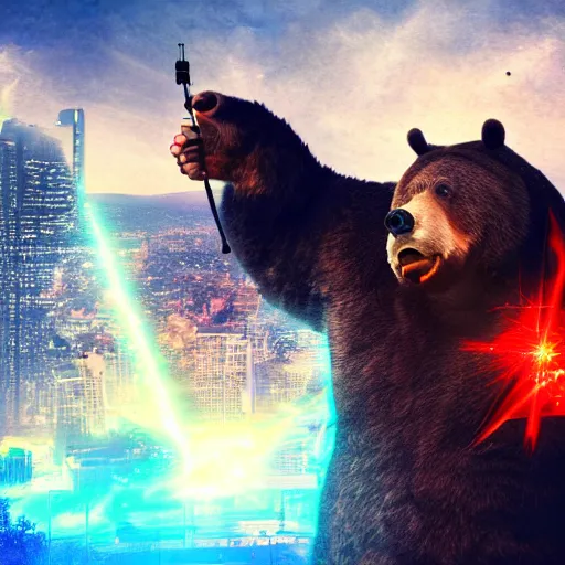 Prompt: a giant angry bear throwing laser by the hands attacking the city, photomanipulation, photoshop, digital art