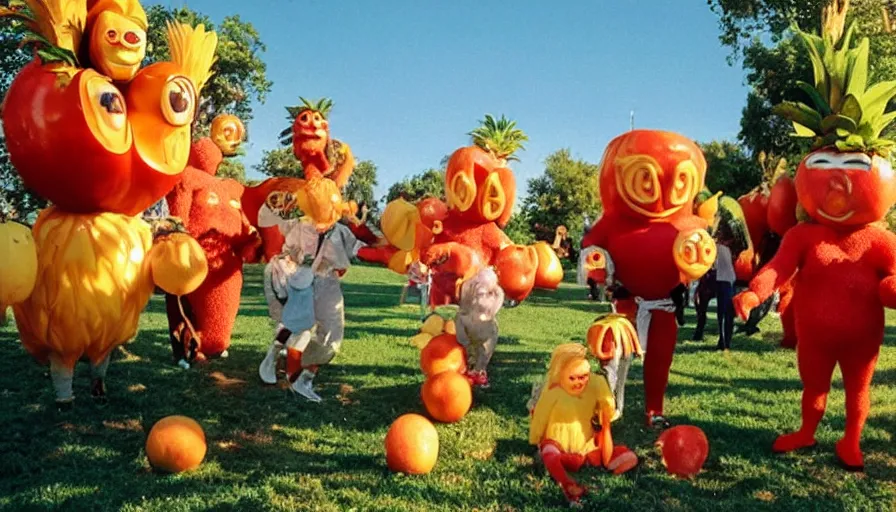 Prompt: 1990s candid photo of a beautiful day at the park, cinematic lighting, cinematic look, golden hour, costumed fruit mascot people coming out of a portal, Enormous personified fruit people with outstandingly happy faces coming out of a portal and talking to families, UHD