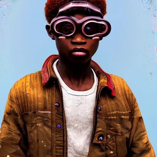 Image similar to colourful vfx portrait - art of a nigerian boy wearing steam punk goggles, art by utagawa kunisada & james jean, digital illustration, digital render, volumetric light, ray tracing, symmetrical, unreal engine, octane 3 d render, sharp, detailed, highly detailed, intricate detail, pinterest, behance, art station,