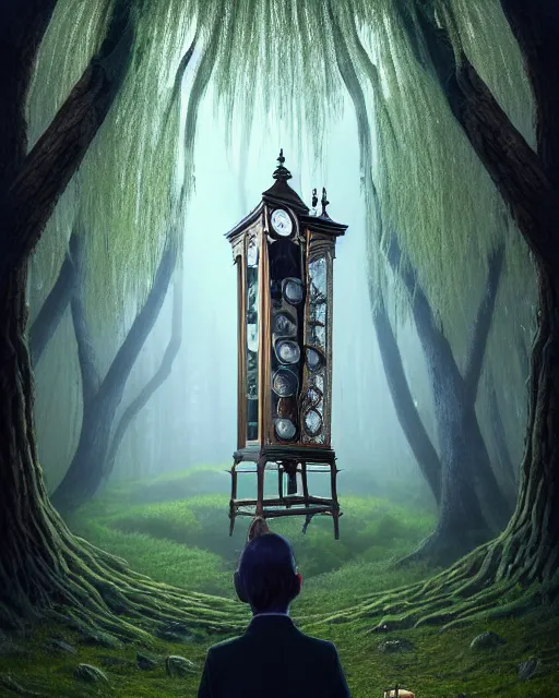 Image similar to highly detailed surreal vfx portrait of a cursed grandfather clock in a shadowy forest by a willow tree, stephen bliss, unreal engine, greg rutkowski, loish, rhads, beeple, makoto shinkai and lois van baarle, ilya kuvshinov, rossdraws, tom bagshaw, alphonse mucha, global illumination, detailed and intricate environment