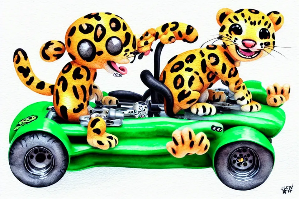 Prompt: cute and funny, baby leopard riding in a tiny go kart with oversized engine, ratfink style by ed roth, centered award winning watercolor pen illustration, isometric illustration by chihiro iwasaki, edited by range murata, tiny details by artgerm and watercolor girl, symmetrically isometrically centered