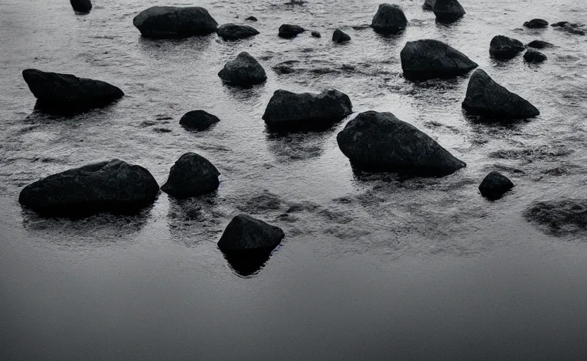 Image similar to extreme low angle camera lens partially submerged in water showing the surface of a lake with a rocky lake shore in the foreground, scene from a film directed by charlie kaufman ( 2 0 0 1 ), foggy volumetric light morning, extremely moody, cinematic shot on anamorphic lenses