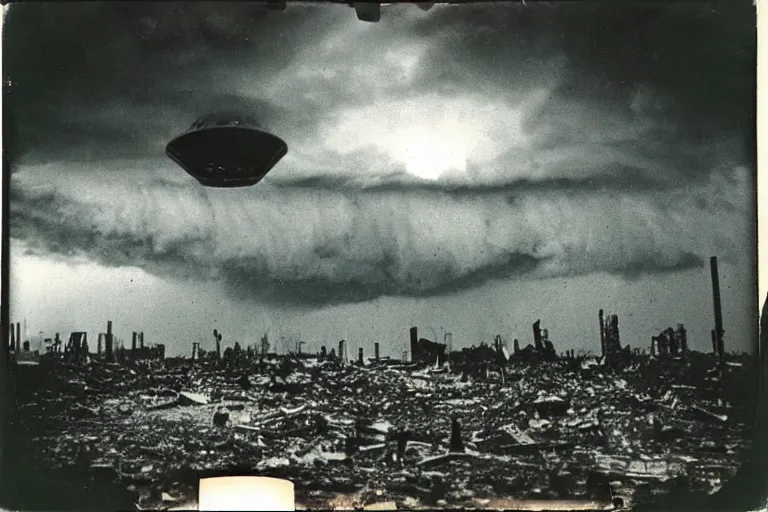 Prompt: dark old polaroid of an ufo flying above an destroyed city during a thunderstorm, pictorialism, fallout, desolate, wide angle, award winning