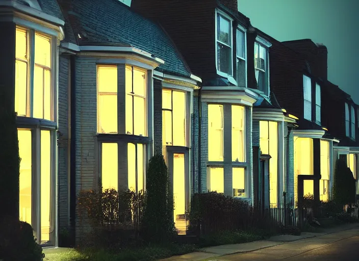 Image similar to small suburban houses in London at night inspired by Edward Hopper, Photographic stills, photography, fantasy, moody lighting, dark mood, imagination, cinematic