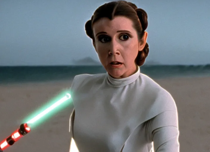 Image similar to glamour portrait of Princess Leia, played by Carrie Fischer, lightsaber training on beach planet, iconic scene from the 1980s film directed by Stanley Kubrick, kodak stock, cinematic lighting, hyper real, stunning cinematography, with anamorphic lenses, crisp, detailed portrait, 4k image