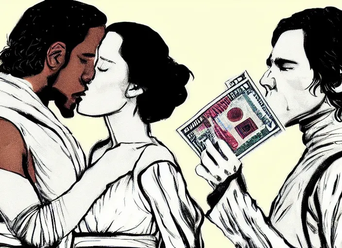 Image similar to reylo kissing, dollar bill!!!, rey and kylo ren