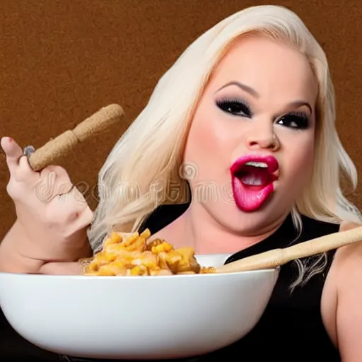 Prompt: trisha paytas eating screws out of a white bowl, stock photography