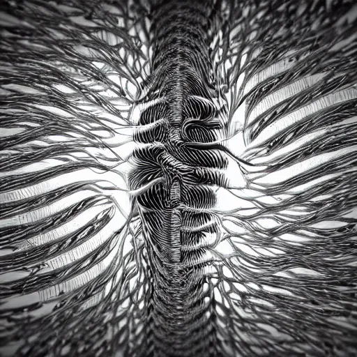 Image similar to clouded origins ( rca umbilical tendrils ), in the style of hiroya oku and riyoko ikeda and stanley kubrick, black and white, photorealistic, epic, super technical, 3 d render