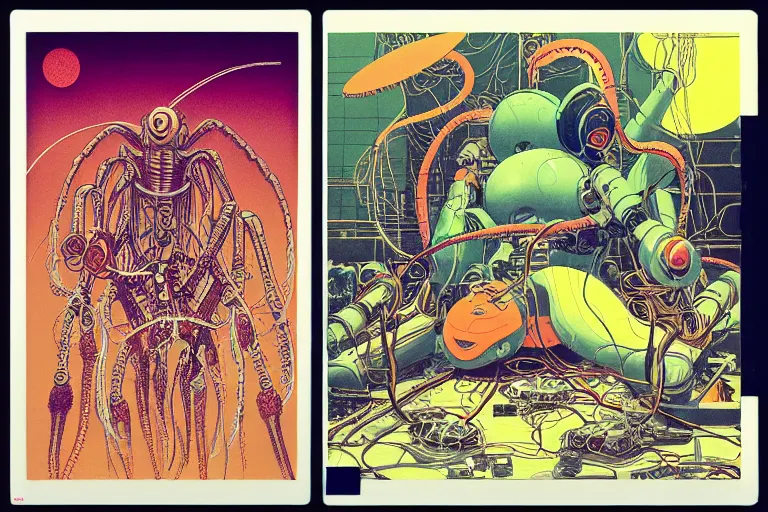 Image similar to risograph grainy drawing vintage sci - fi, satoshi kon color palette, gigantic fat mantis full - body covered with robot parts and wires, with lot tentacles, codex seraphinianus painting by moebius and satoshi kon and dirk dzimirsky close - up portrait