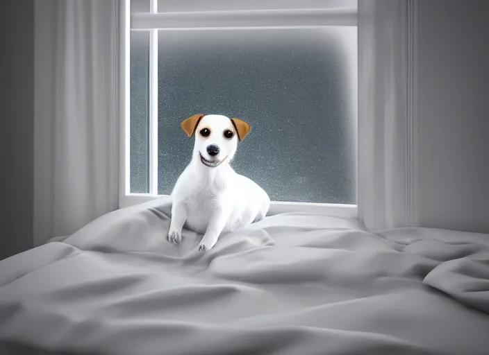 Image similar to photography of a Jack Russel . watching outside the window. on a bed. in a white room. octane render,volumetric light, volumetric fog, photorealistic,, award winning photo, 100mm, sharp, cloth, high res