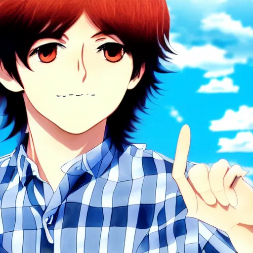 Image similar to anime illustration of young Paul McCartney from the Beatles, wearing a blue and white check shirt, silver sports watch, outdoors at a music festival, relaxing and smiling at camera, white clouds, ufotable