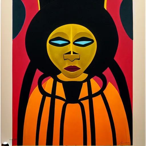 Image similar to Art in the style of Laszlo Noholy-Nagy, Georgia Anne Muldrow, side portrait, tribal mask inside mask, afrocentric mysticism