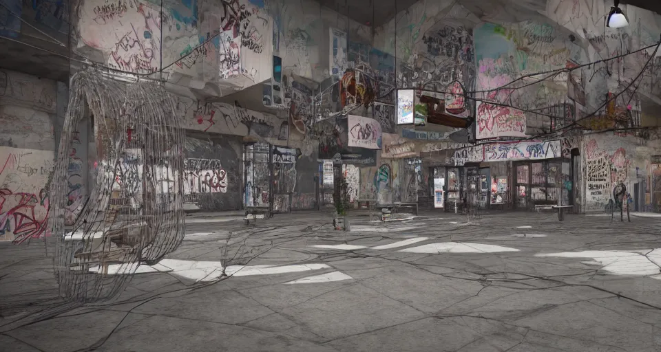 Prompt: photo realistic!! a rundown mall interior with hanging wire and graffiti, very detailed, slightly smokey, unreal engine