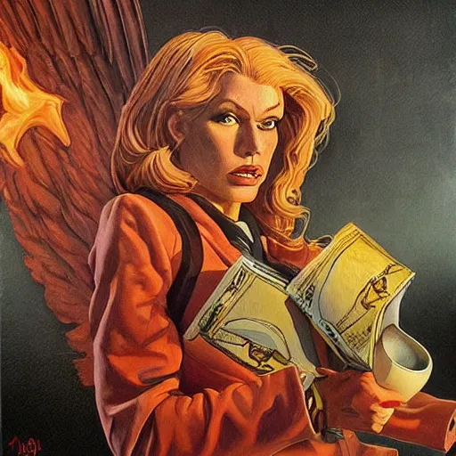 Image similar to painting in style of michael whelan, the super hot, dark angel of coffee