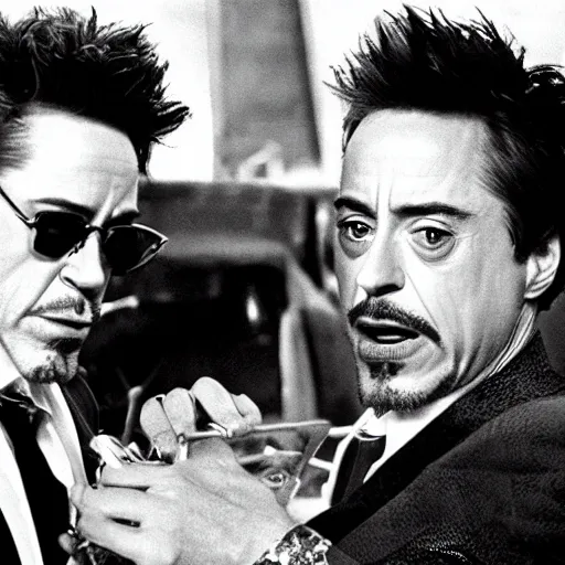 Image similar to robert downey jr. starring in weekend at bernie's 3, robert downey jr with rotten flesh, bernie's rotting corpse in a vegas casino.