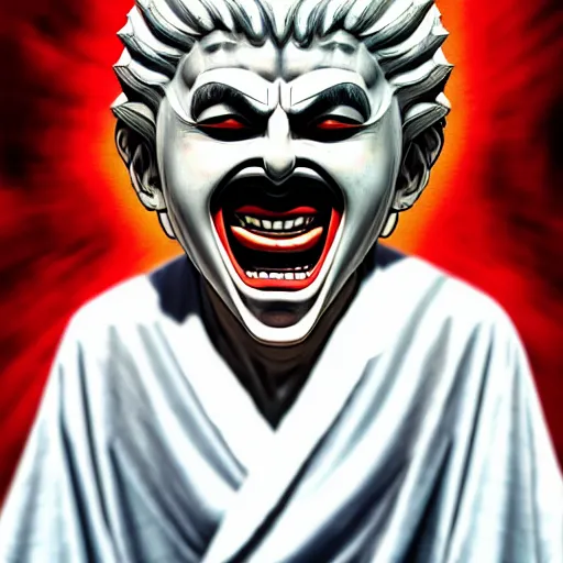 Prompt: A man wearing white robes with a angry Greek theater mask, white robes, smiling mask, theater mask, greek mask, ancient greece, furious, muscular figure, manga art, manga, Junji Ito, Junji Ito artwork, Ito Junji art, 4k