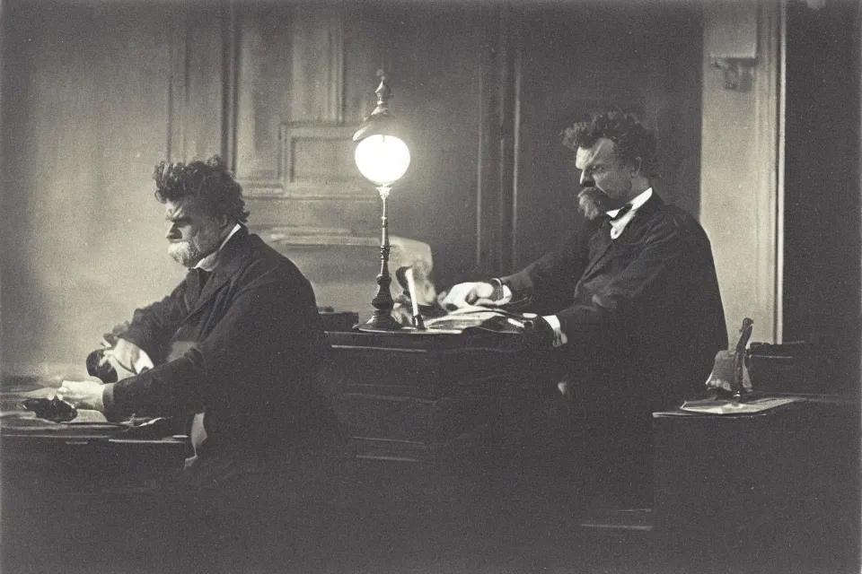 Prompt: wet plate photograph, august strindberg banging his fist on a secretary desk in a small viennese apartment, night time, alone, lamplight, victorian era, depth of field, very detailed, highly accurate, intricate