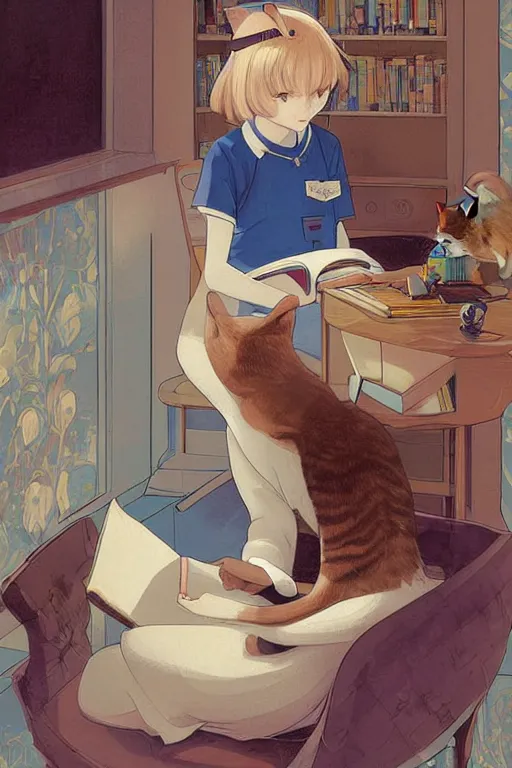 Image similar to a digital painting of a girl reading a book with a cat in A comfortable study room at night,JK uniform ,Hairdryer,blue theme,geometric shapes,S line,hard edges, by mucha and krenz cushart and range murata and liduke