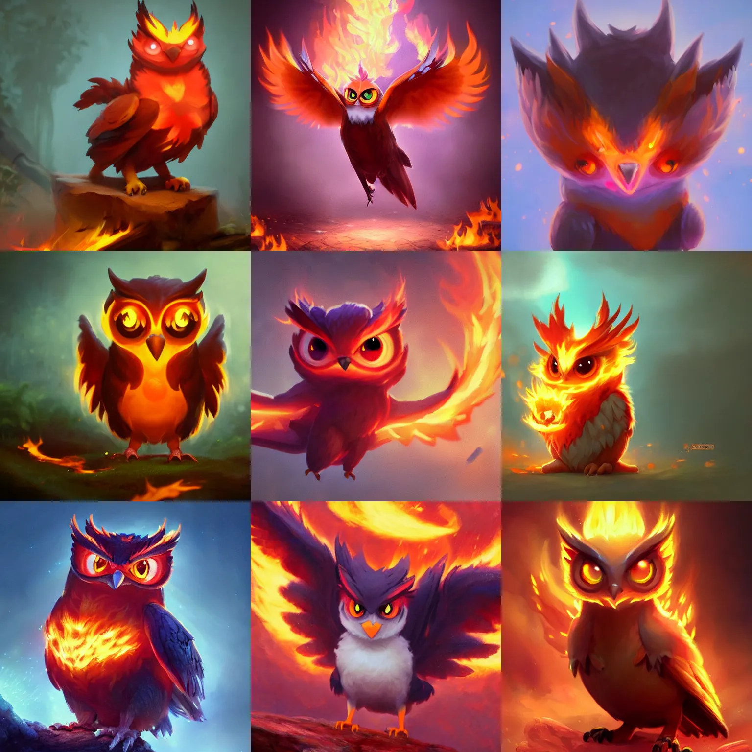 Prompt: full shot,a cute fire owl Pokémon with big eyes made of flame,Greg Rutkowski,trending on artstation,Thomas Kinkade,3d octane render,Light and shadow, High detail