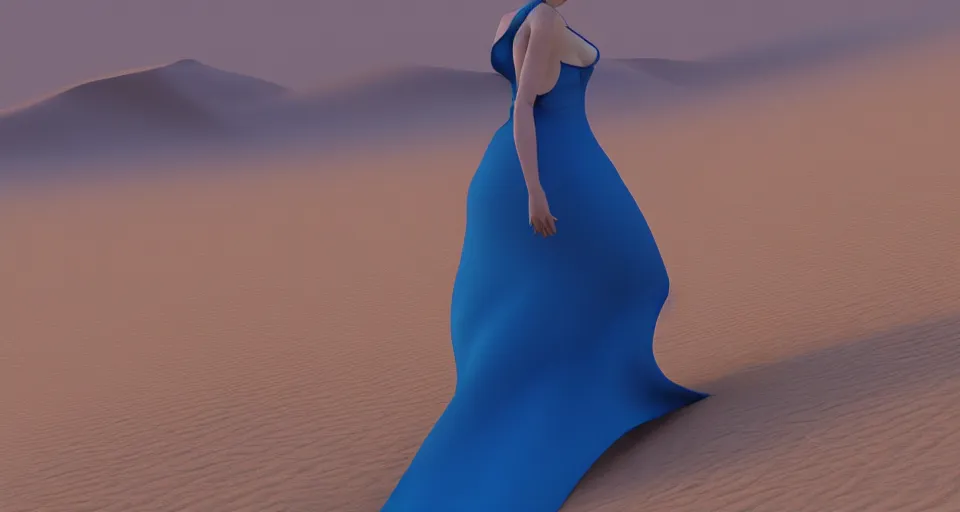 Prompt: a blonde woman in a blue dress walking into the desert in morning, desert dunes, artstation, cgsociety