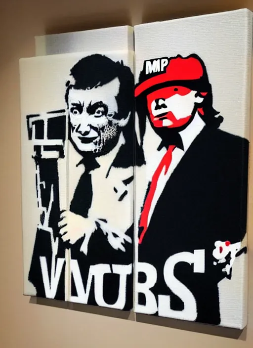 Image similar to banksy donald trump the wolf of wall street art on canvas