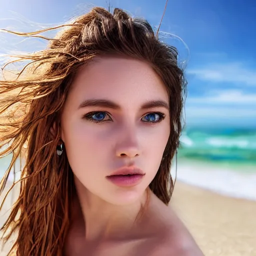 Prompt: realistic portrait of a beautiful woman in the beach, stunning akt photograph, very detailed, hd, 8k, 4k