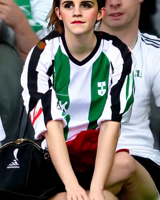 Image similar to a portrait of emma watson wearing lokomotiv football shirt, hyper realistic