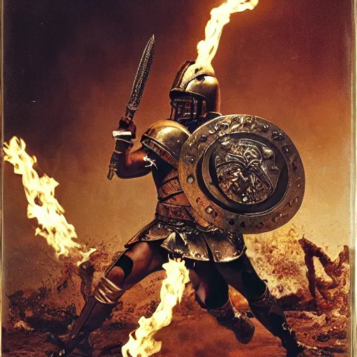 Prompt: african american male spartan warrior with intricate bronze armour fighting a demon with a fiery greatsword, battle scene, film still, colourized, Stanley Kubrick, -W 1024