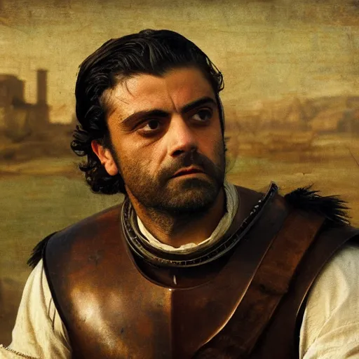 Prompt: renaissance painting of oscar isaac in armor playing achilles, ancient city in background, ultra detailed, movie poster, in the style of leonardo davinci