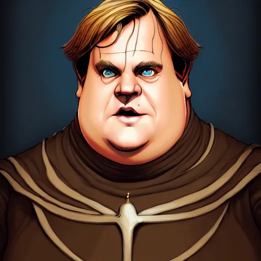 Image similar to a fantasy comic - style full portrait of a jolly friar who looks like chris farley, digital illustration by ken taylor and sana takeda and jenny frison, character design, concept art, fine inking lines, vivid colors, dnd, highly detailed!, hd, 4 k, trending on artstation