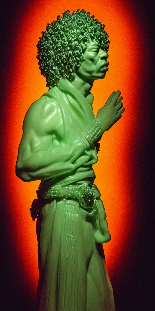 Image similar to detailed photo of a jade translucent statue of most a jimi hendrix, full body portrait, glowing in the dark, photorealism, intricate detail, museum diffuse lighting