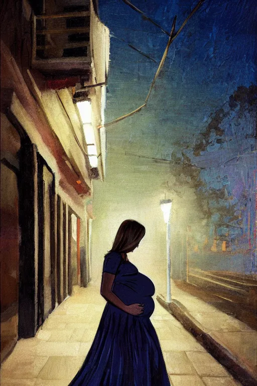 Prompt: pregnant woman under street light by Irina French